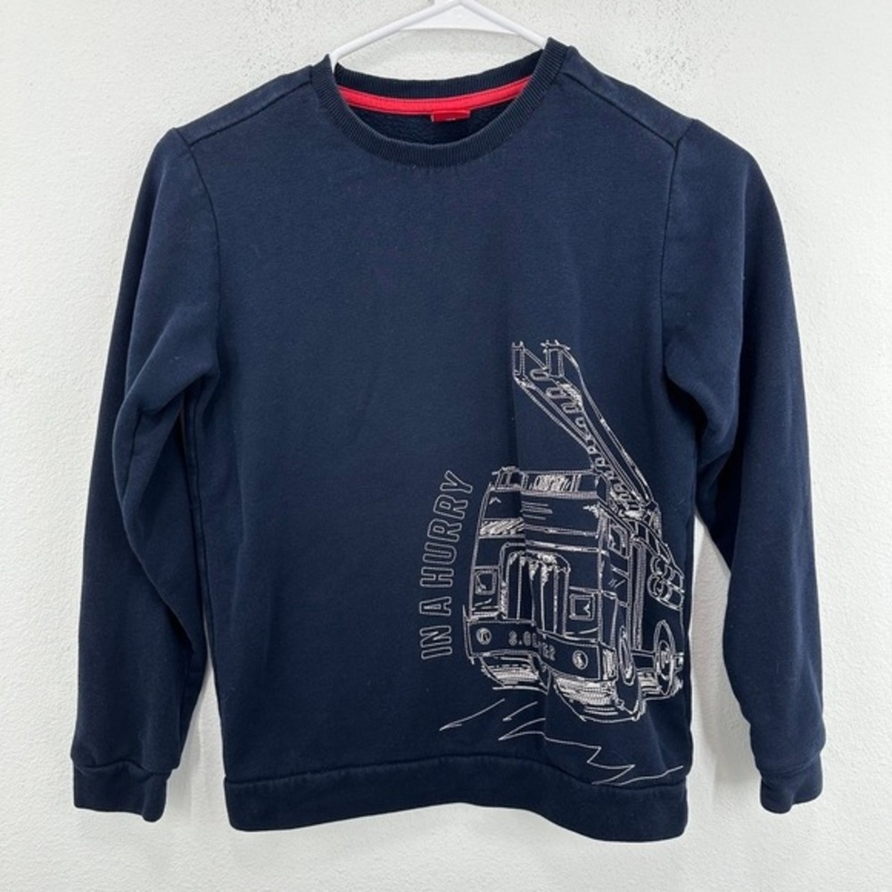 Kids s.Oliver‎ Sweatshirt Fire Truck Graphic Navy Blue Cotton Blend Size 140